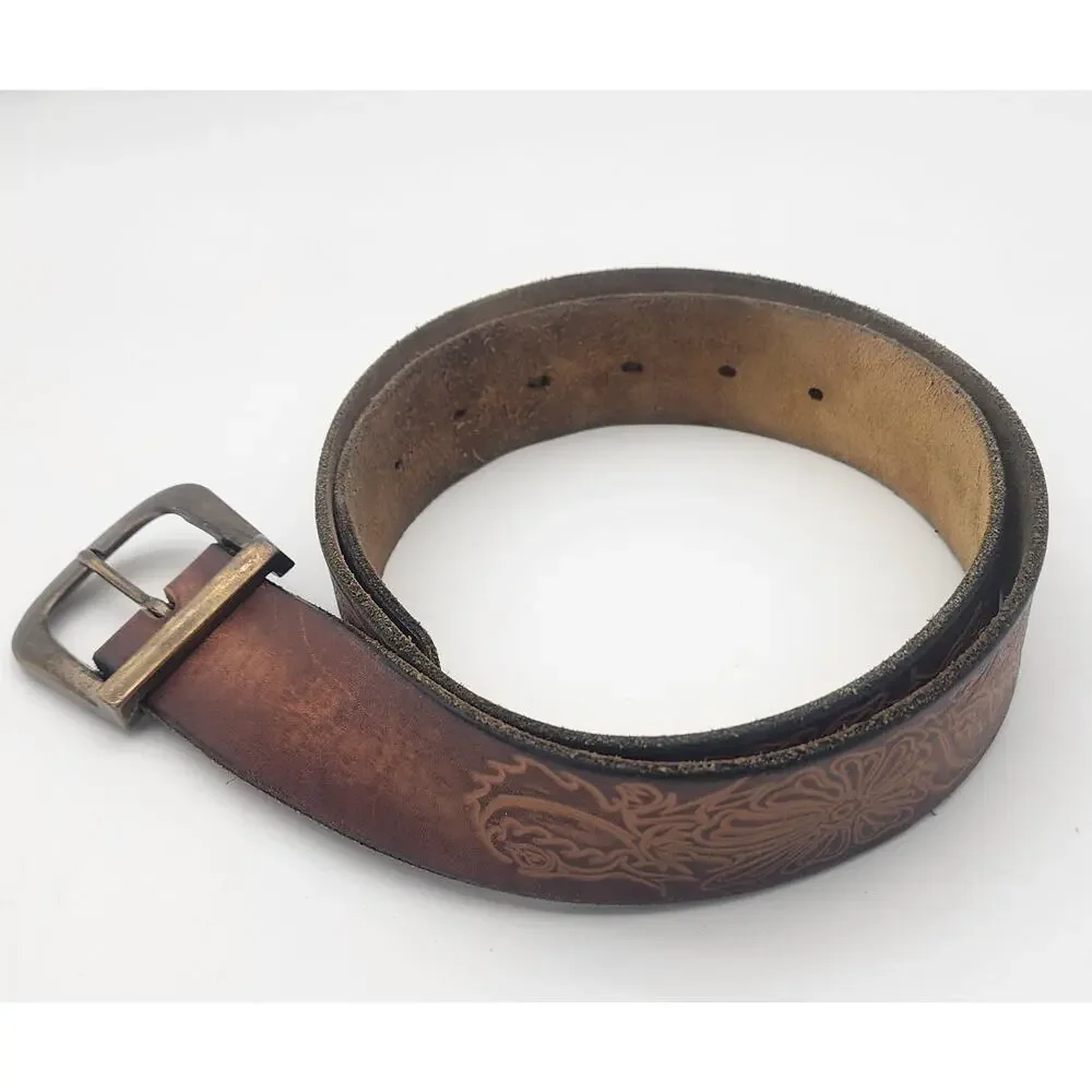 Vintage Leather Belt Size 40 with Ornate Floral Leather Work and HONDA Etching